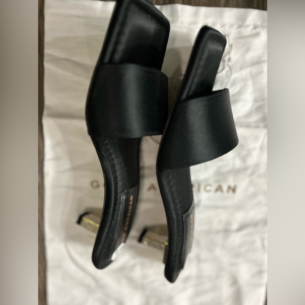 NWOB Good American Black Satin with‎ Square Toe and Jeweled Heel in size 6.5